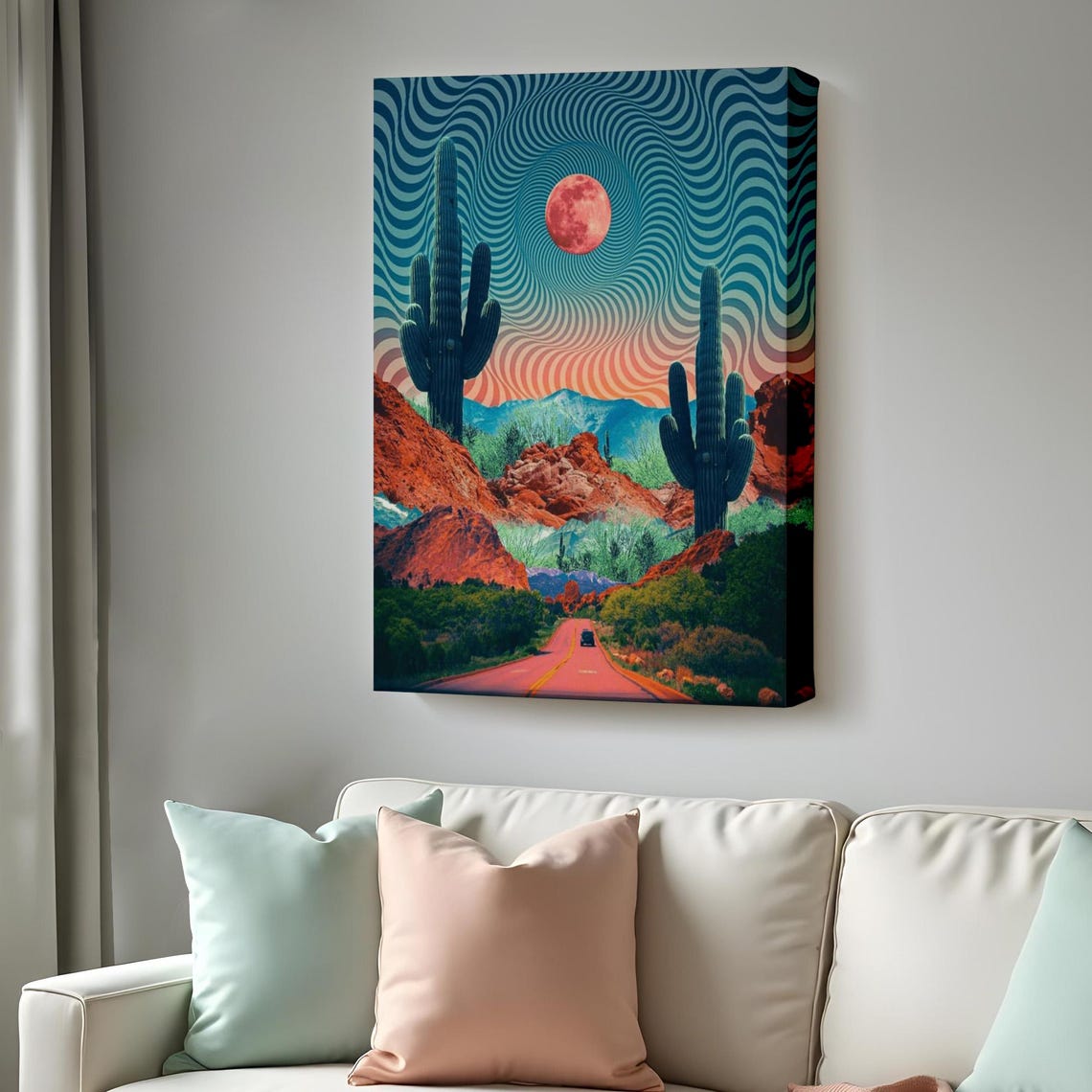Psychedelic Desert Road Retro Saguaro Cactus Moon Night Sky Art Poster