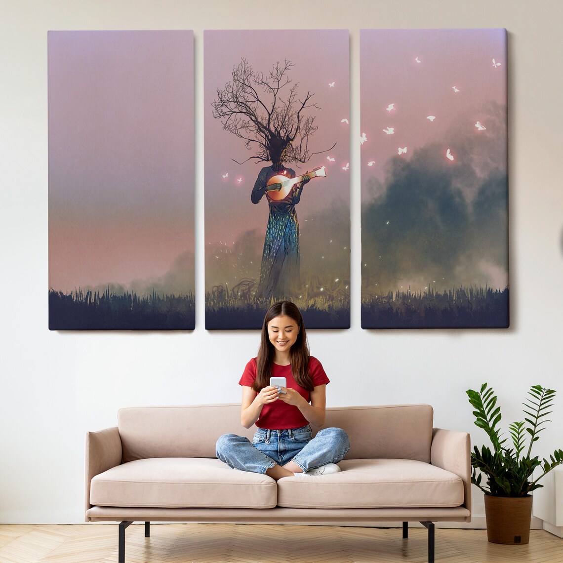 Surreal Tree Head Woman Playing Lute Butterflies Dreamy Fantasy Art Poster - Image 2