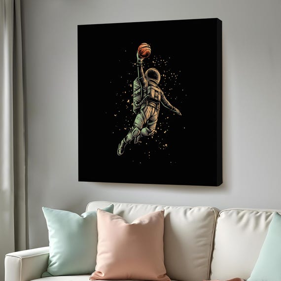 Astronaut Playing Basketball On The Moon Painting Minimal Print Minimal Modern Wall Decor Framed Wall Art