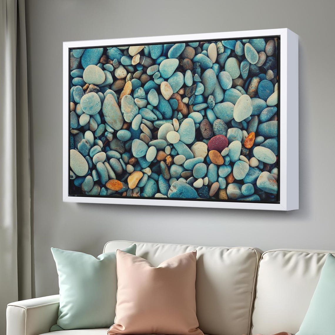 Smooth Sea Pebbles Teal Blue Gray Stones Coastal Texture Wall Art - Image 3