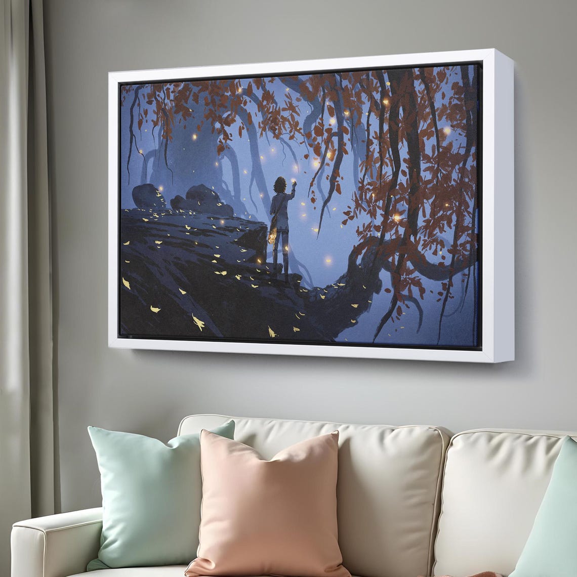 Girl On Giant Tree Branch Twilight Falling Leaves Fantasy Art Print - Image 3