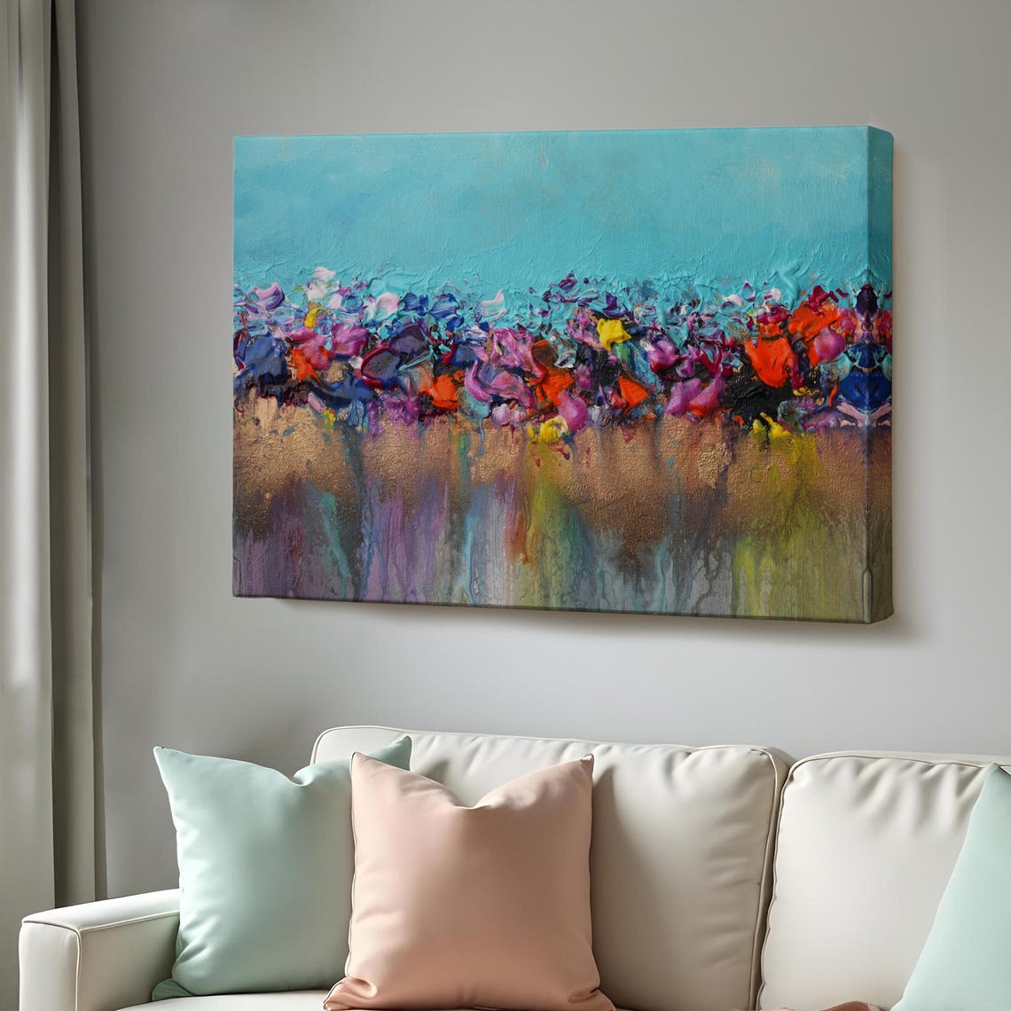 Vibrant Abstract Acrylic Flowing Colors Turquoise Gold Art Poster