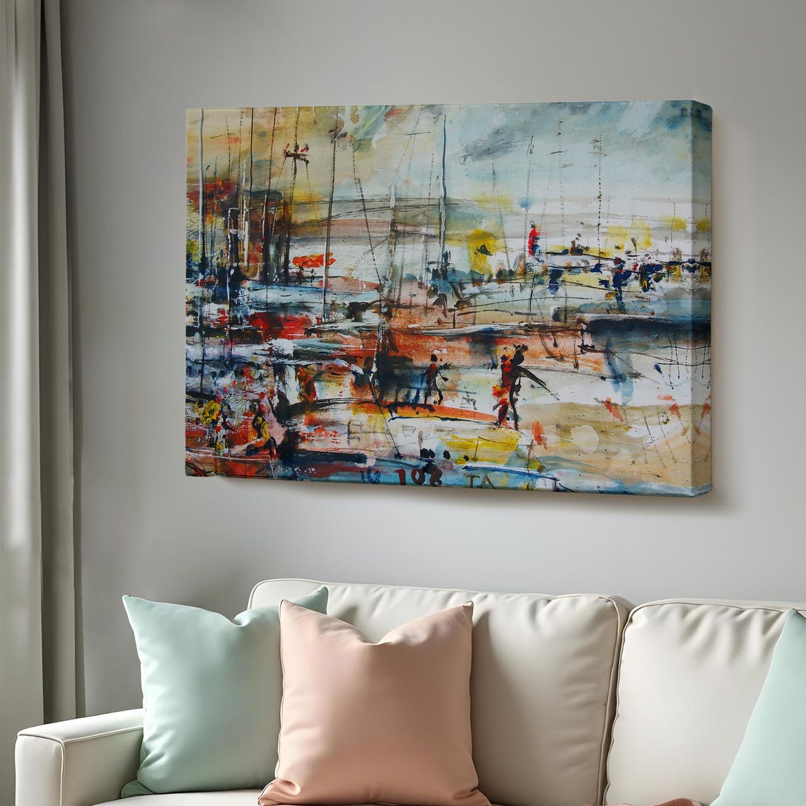 Abstract Expressionist Harbor Sailboats Red Blue Oil Painting Poster
