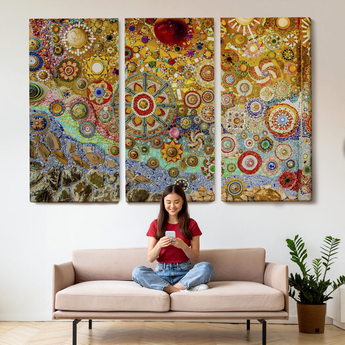 Colorful Mosaic Glass Medallion Circular Mandala Gold Wall Art Poster - Image 2
