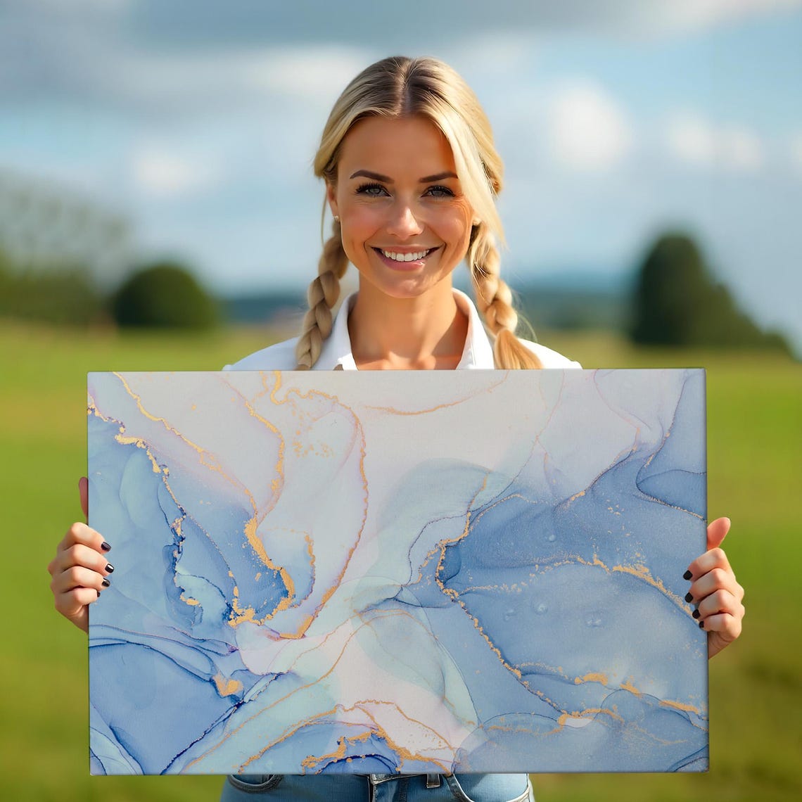 Blue White Gold Alcohol Ink Marble Abstract Modern Art Poster - Image 5