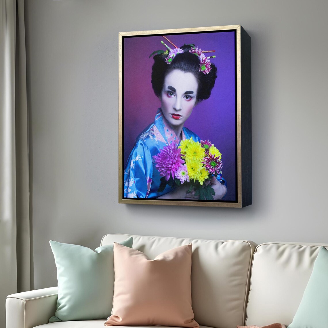 Geisha Portrait Blue Kimono Flower Bouquet Purple Art Poster - Image 4