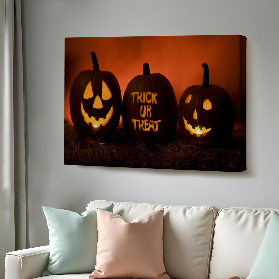 Halloween Trick Or Treat Carved Pumpkins Glowing Night Orange Sky Wall Poster