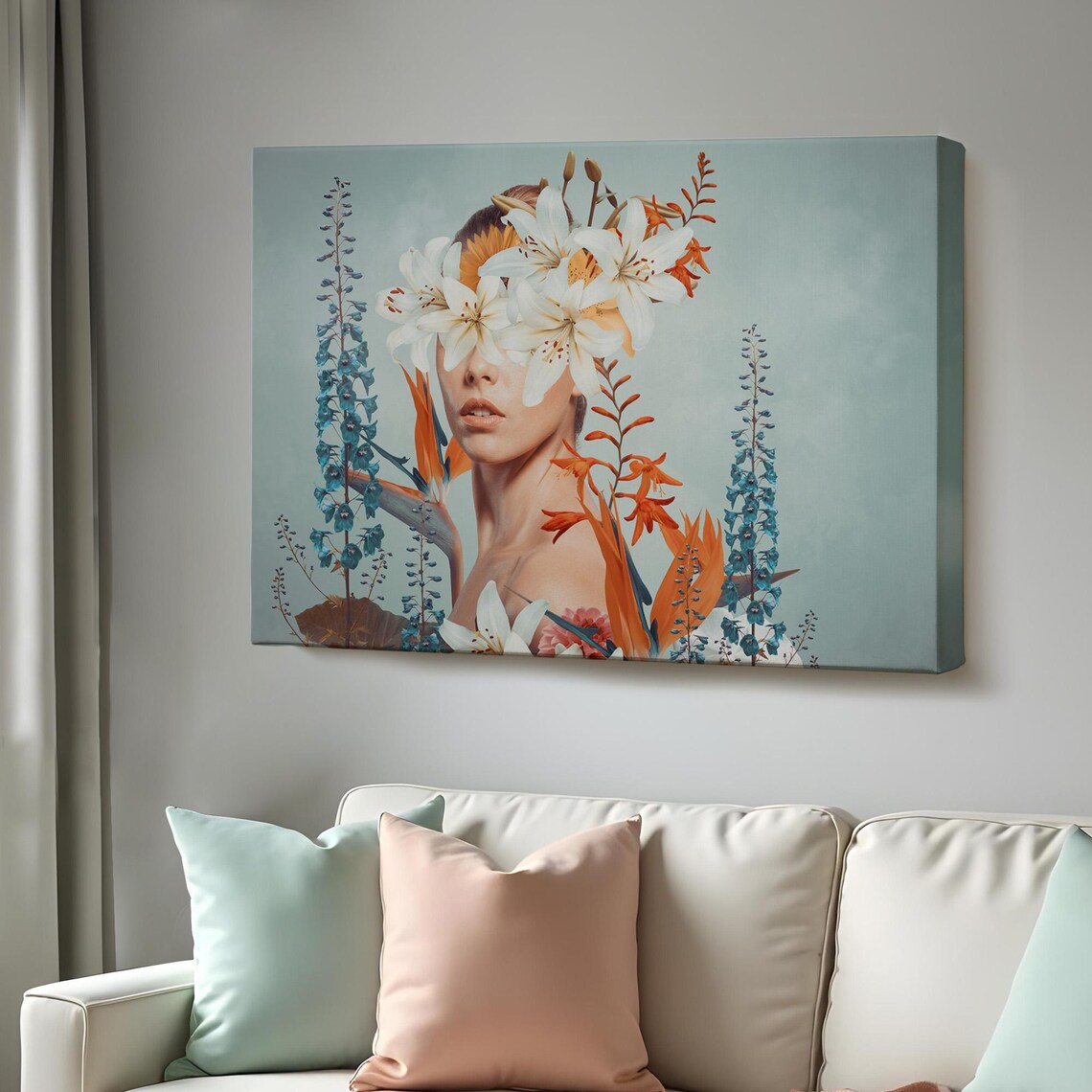Surreal Woman Portrait White Lilies Botanical Flowers Art Poster