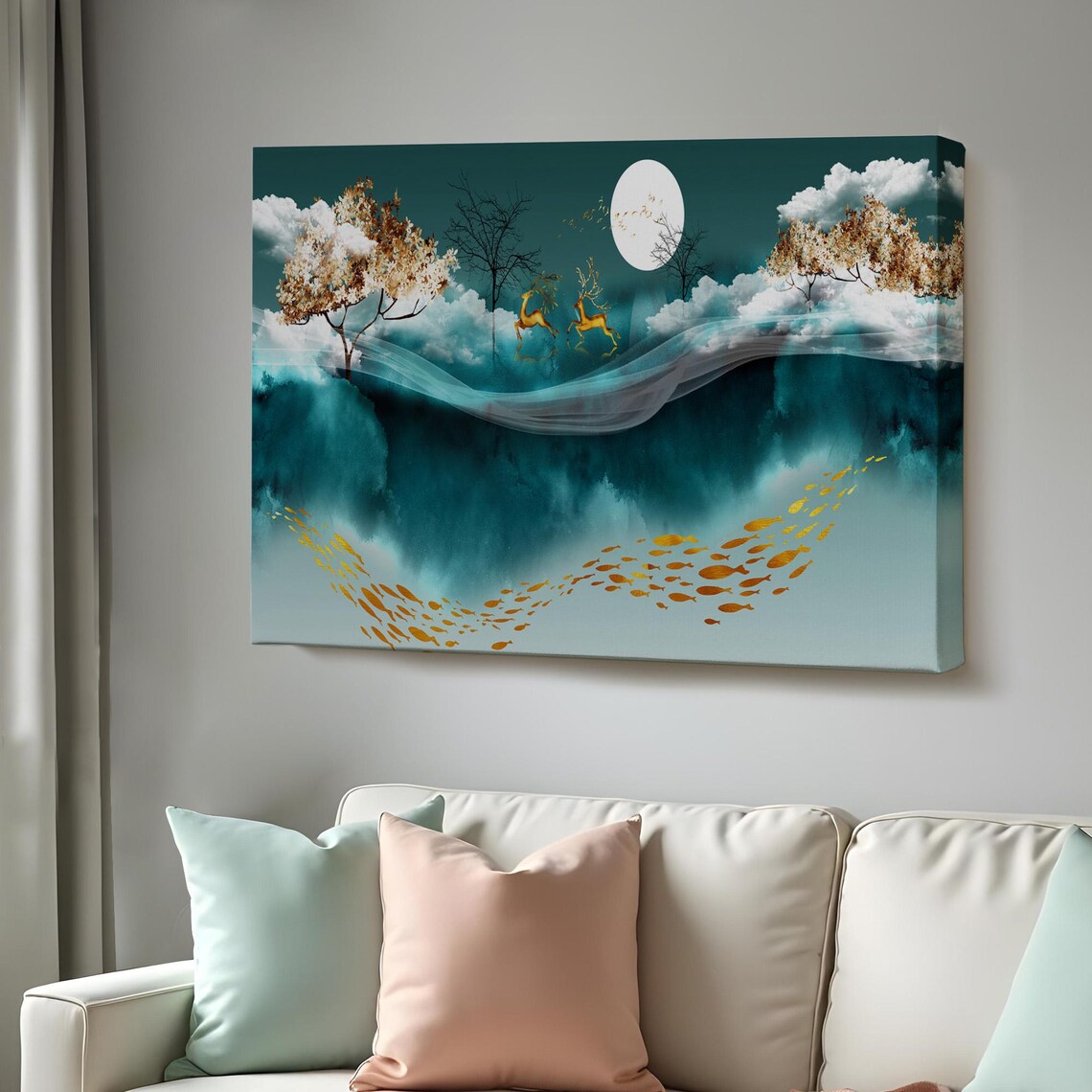 Golden Deer Running Clouds Moonlit Teal Night Surreal Dreamlike Wall Art Poster