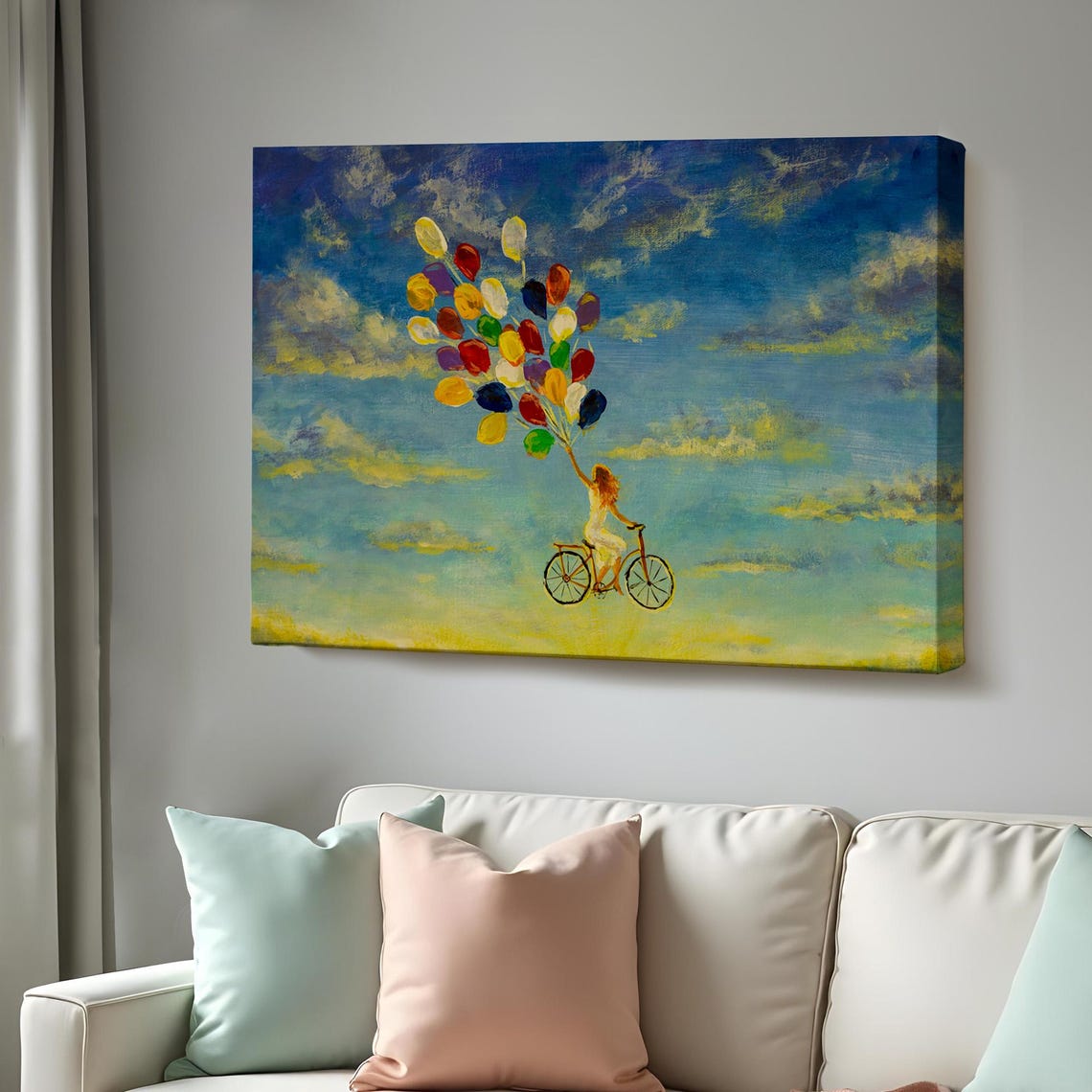 Girl On Bicycle Flying Colorful Balloons Dreamy Sky Art Poster