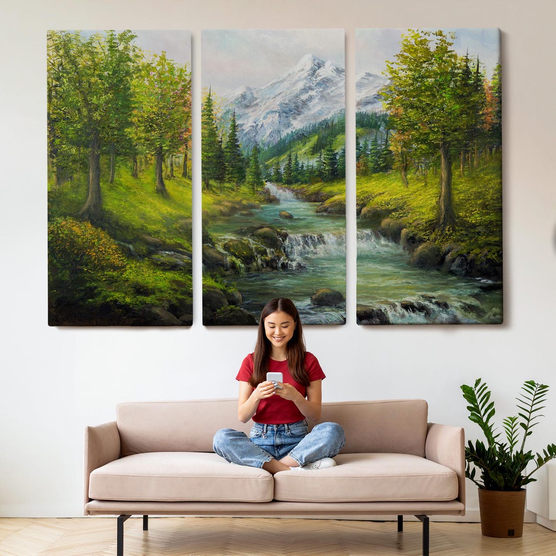 Spring Mountain Valley Snowy Peak Meadow Stream Landscape Poster - Image 2