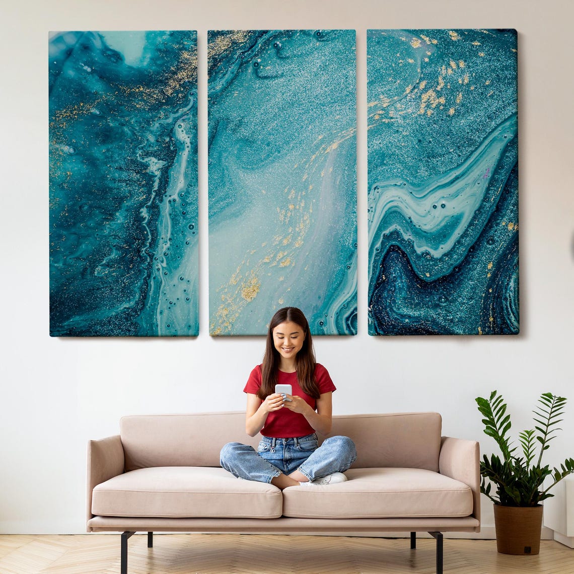 Abstract Teal Ocean Marble Swirl Gold Accent Modern Wall Art Print - Image 2