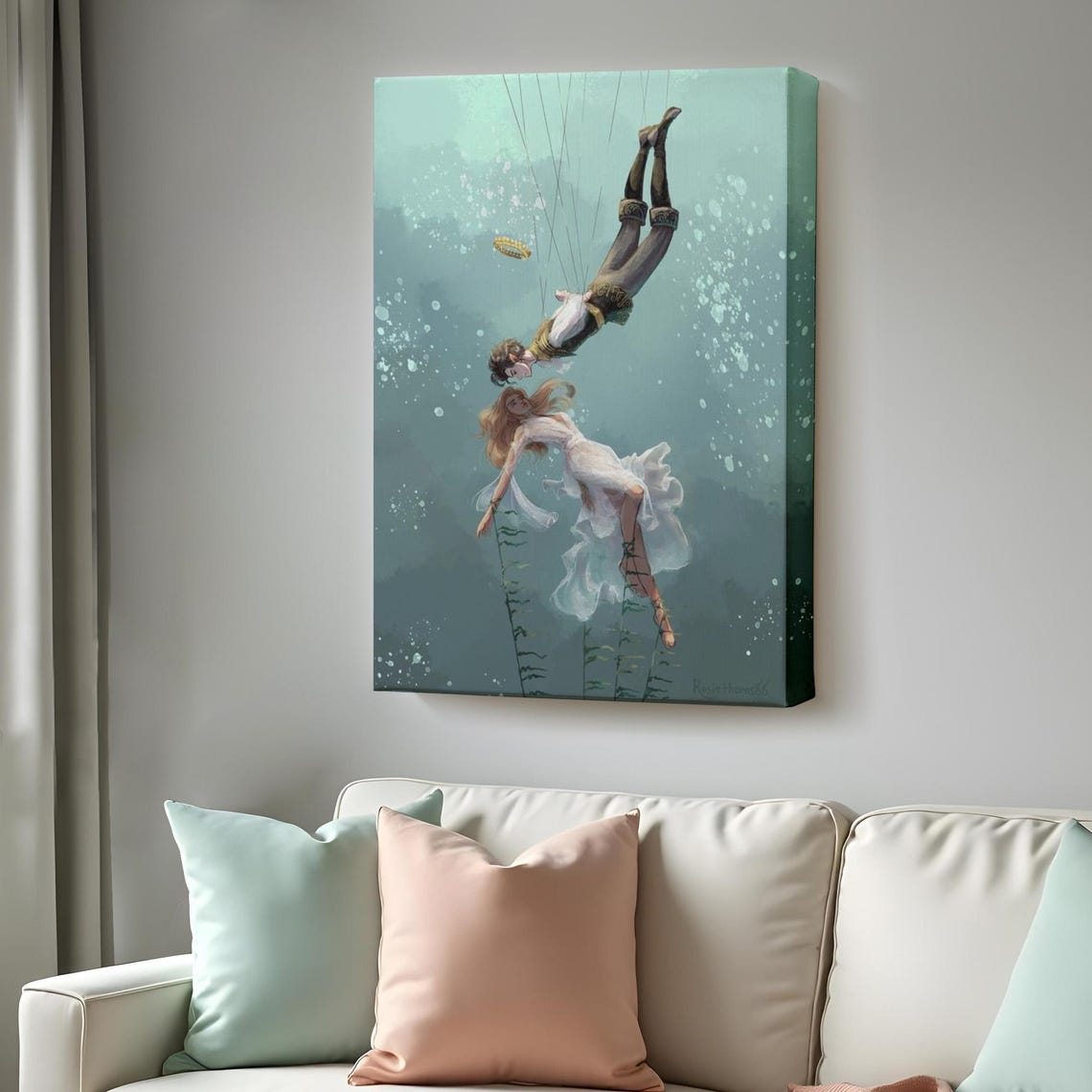 Underwater Lovers Reaching Out Dreamy Ocean Romance Fantasy Art Poster