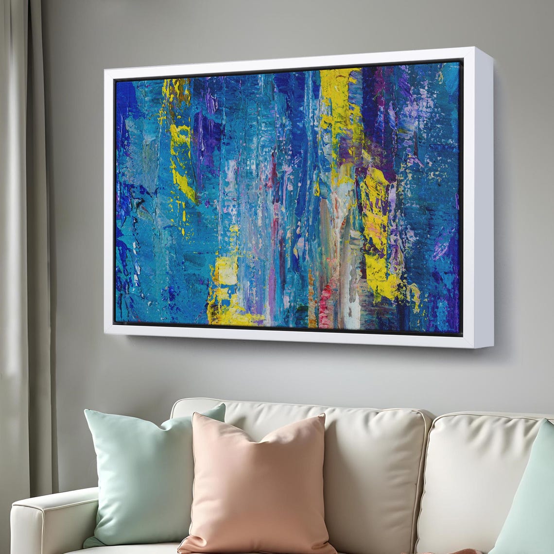 Abstract Blue Yellow Textured Oil Painting Vertical Strokes Wall Art - Image 3