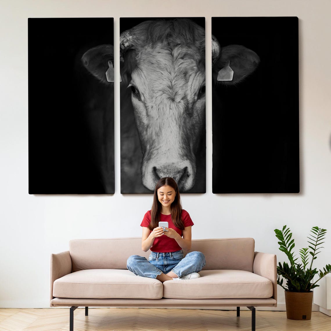 Fine Black And White Cow Portrait Dramatic Farm Animal Photo Wall Art - Image 2