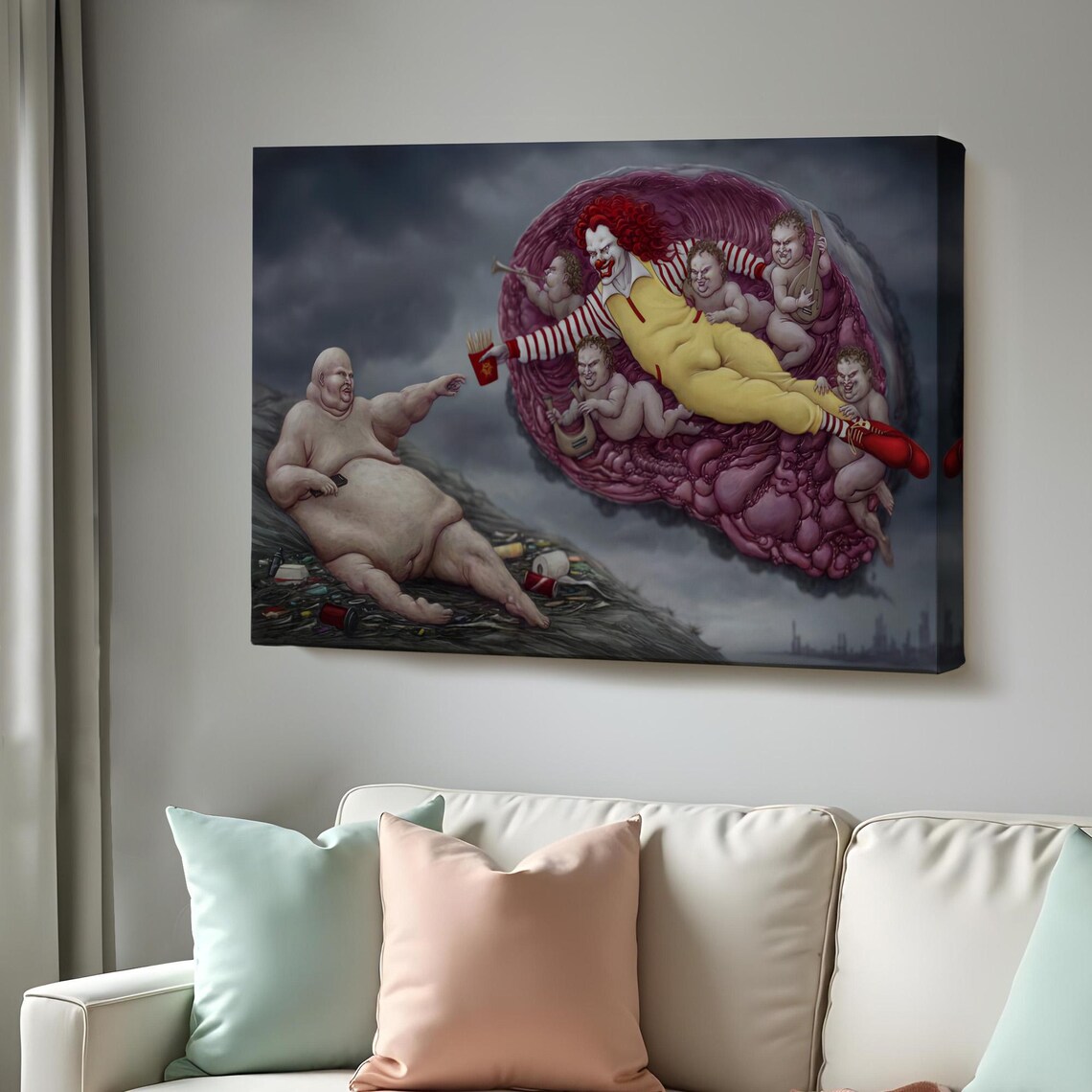 Painting Highlighting The Capitalism Of The Era With The Theme Of Adams Gods Hand Large Wall Art Religious Print
