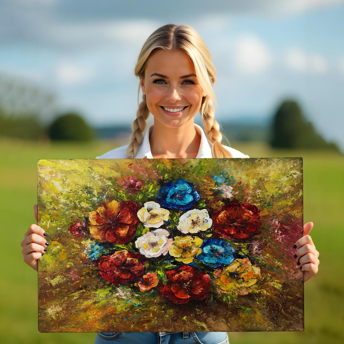 Colorful Flower Bouquet Oil Painting Red Blue Blooms Floral Art Poster - Image 5
