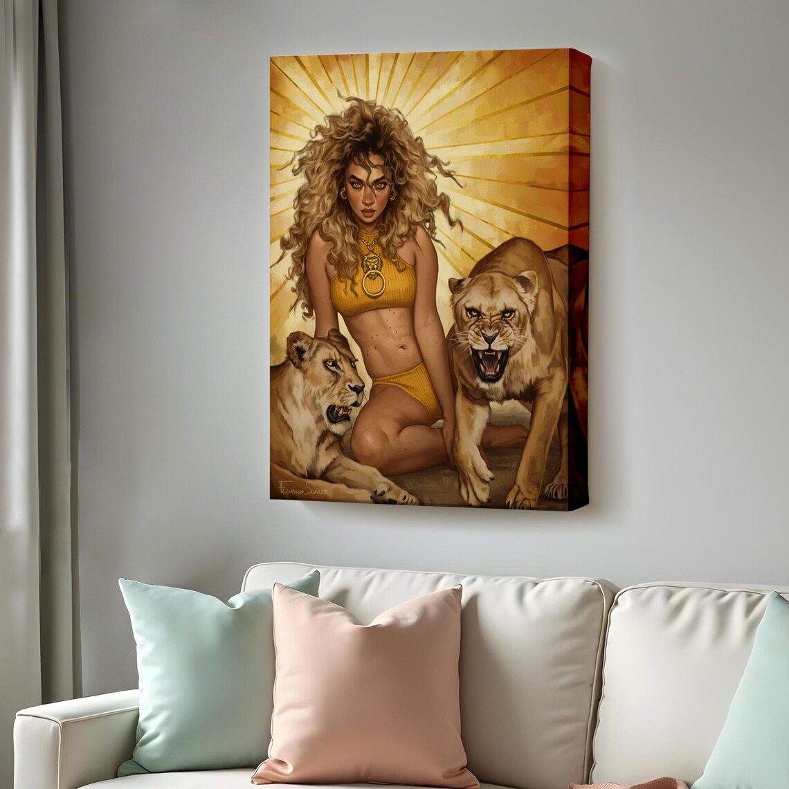 Fierce Wild Woman with Lions Golden Sunburst Powerful Feminine Wall Art
