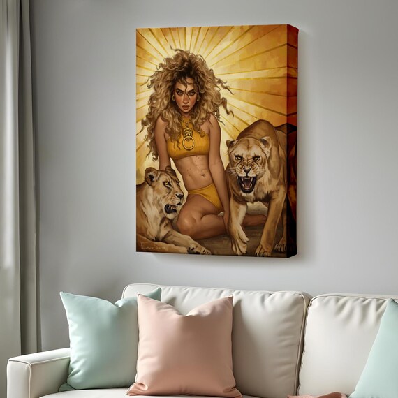 Fierce Wild Woman with Lions Golden Sunburst Powerful Feminine Wall Art