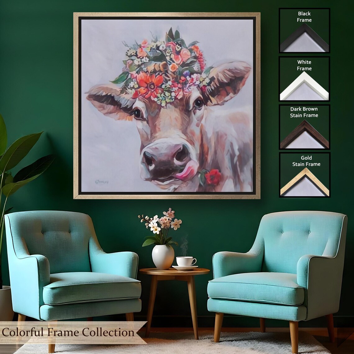 Cute Cow with Flower Crown Whimsical Farm Animal Portrait Poster - Image 2