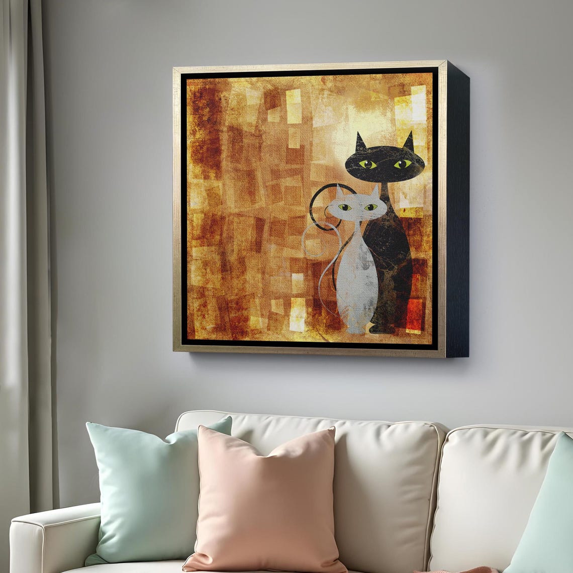 Black And White Cats Modern Abstract Amber Gold Background Wall Art - Image 4