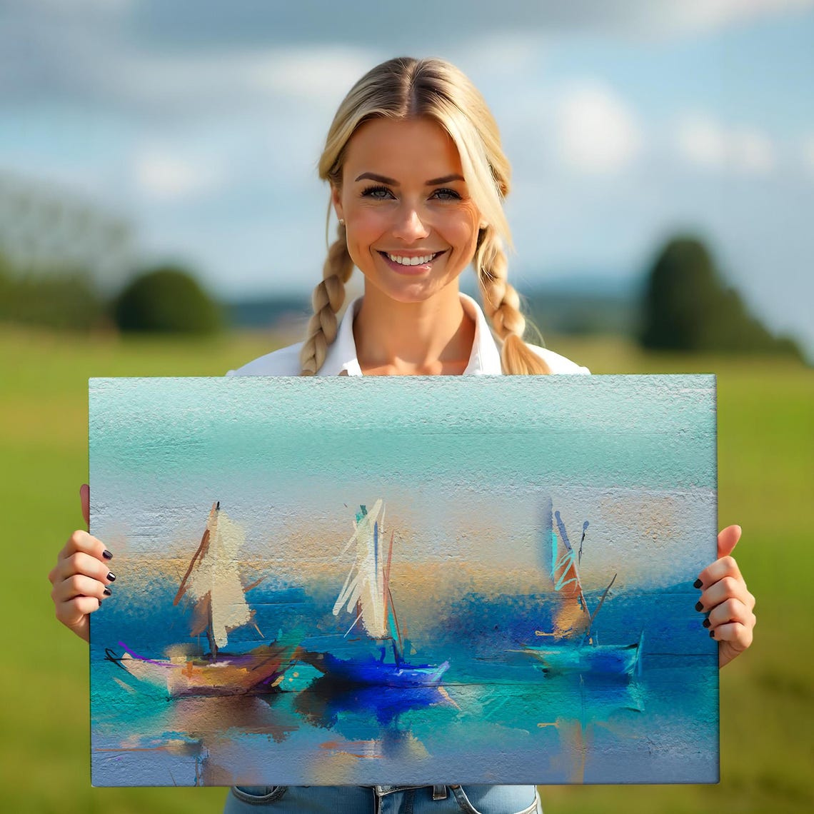Three Sailboats on Teal Blue Water Soft Pastel Abstract Art Poster - Image 5