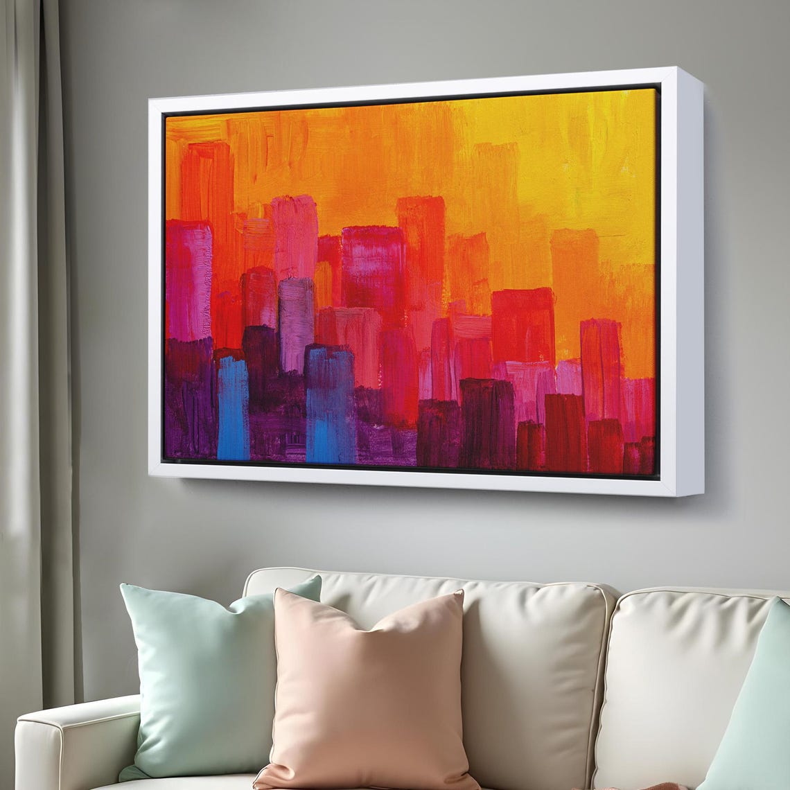 Abstract Magenta City Skyline Orange Sunset Bold Modern Art Print - Image 3