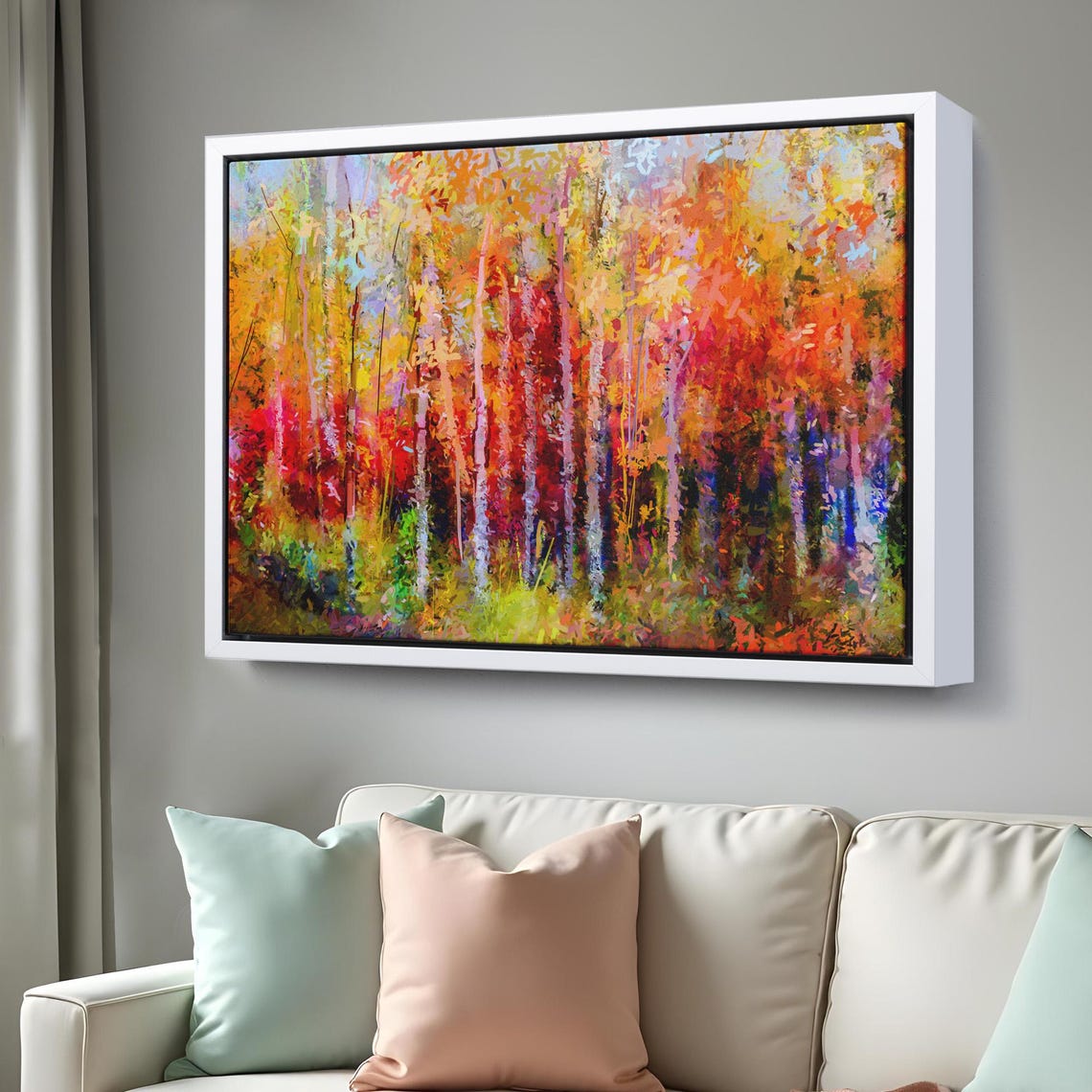Abstract Autumn Birch Forest Red Orange Gold Modern Art Poster - Image 3