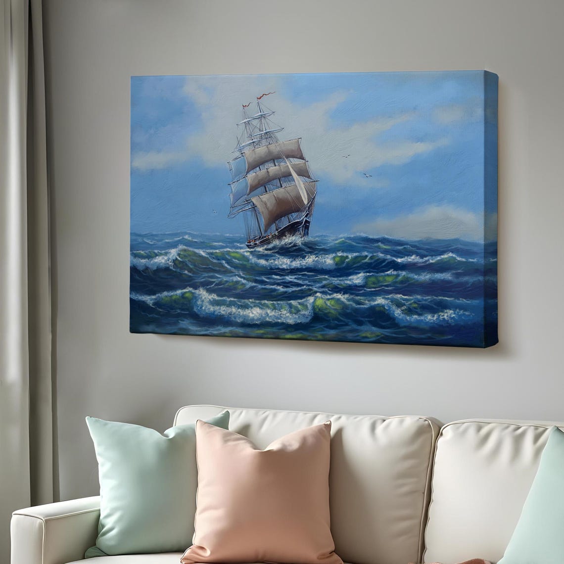 Classic Tall Sailing Ship With Full Sails On Blue Ocean Waves Poster