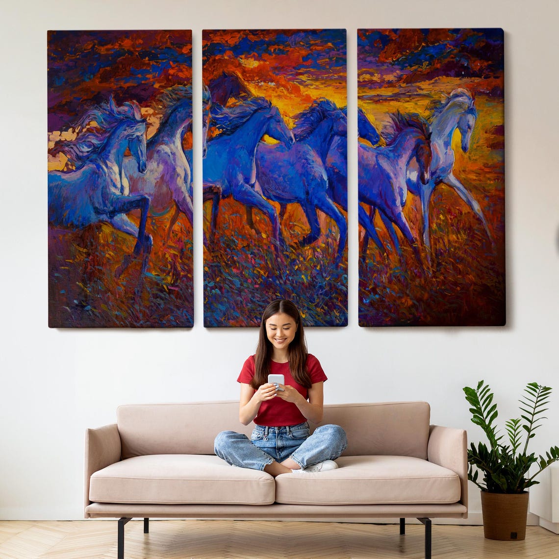 Galloping Horses Fiery Sunset Sky Blue Herd Dynamic Painting Poster - Image 2