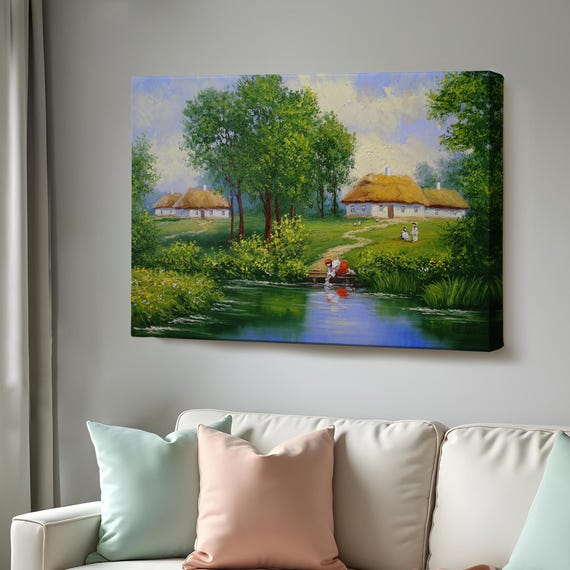 Woman Filling Water From The Stream Oil Painting Look Decorative Wall Art Nature Print Landscape Wall Table