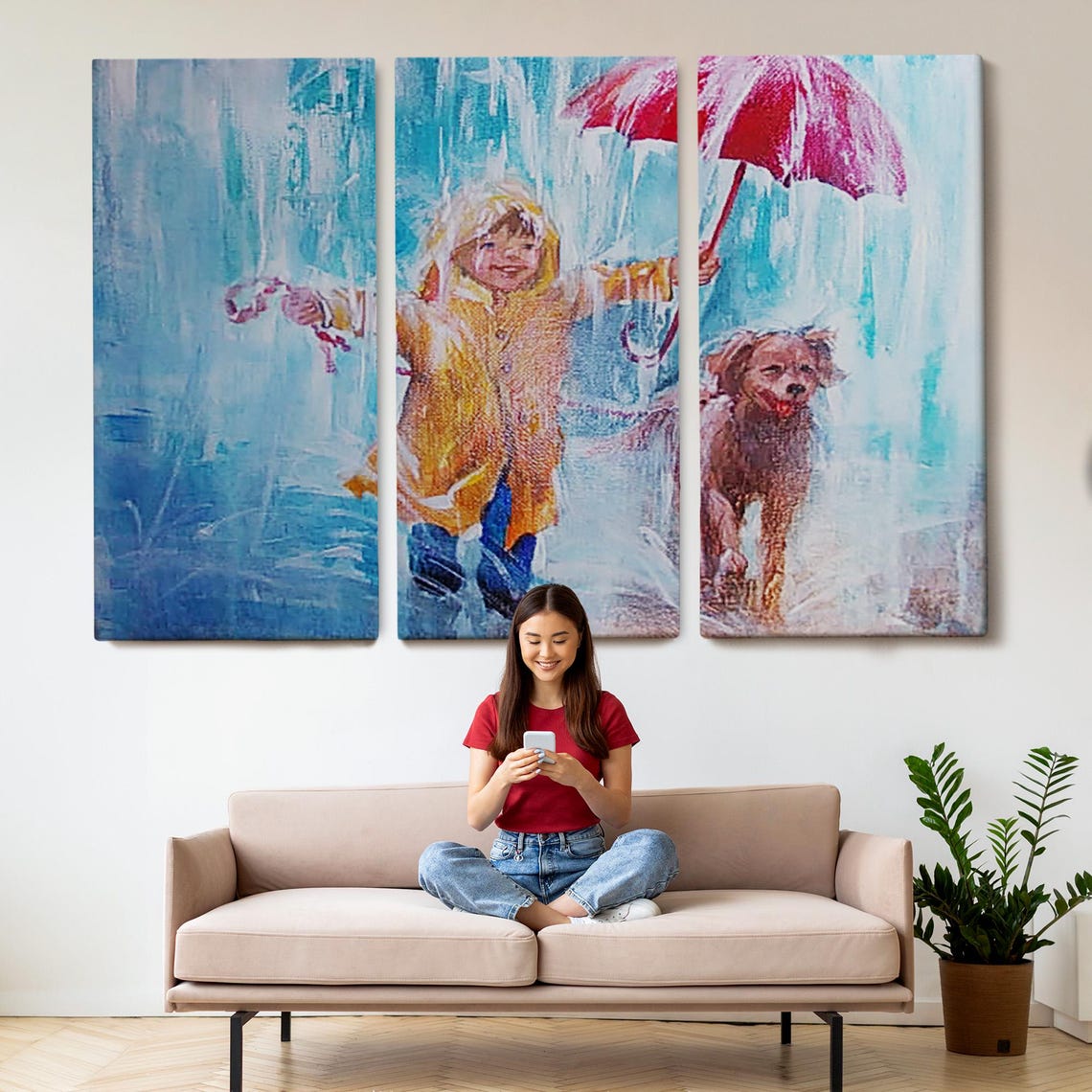 Boy Walking Dog In Rain Red Umbrella Raincoat Cute Art Poster - Image 2