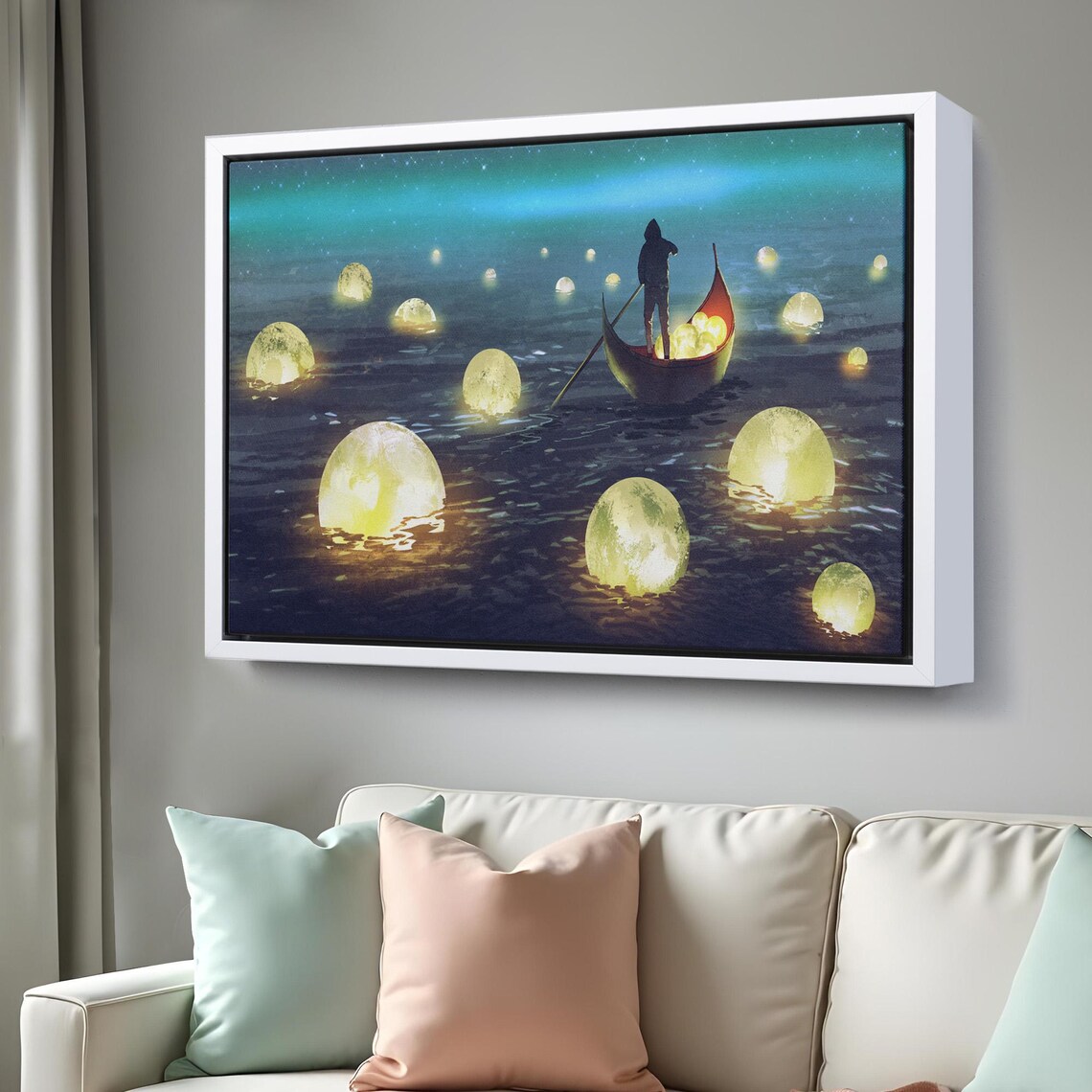 Man Collecting Glowing Moons On Starry Night Sea Fantasy Wall Art Poster - Image 3