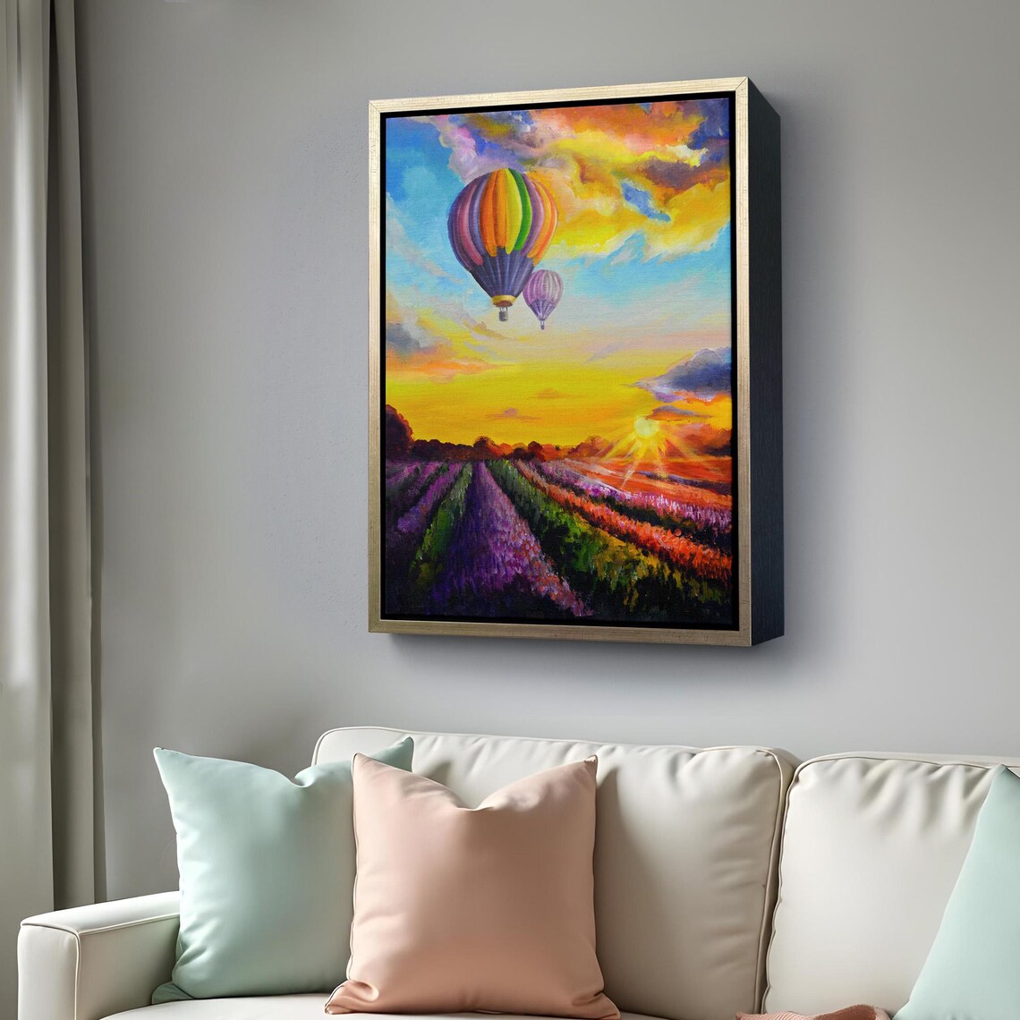Hot Air Balloon Over Lavender Field Sunset Oil Painting Travel Poster - Image 4