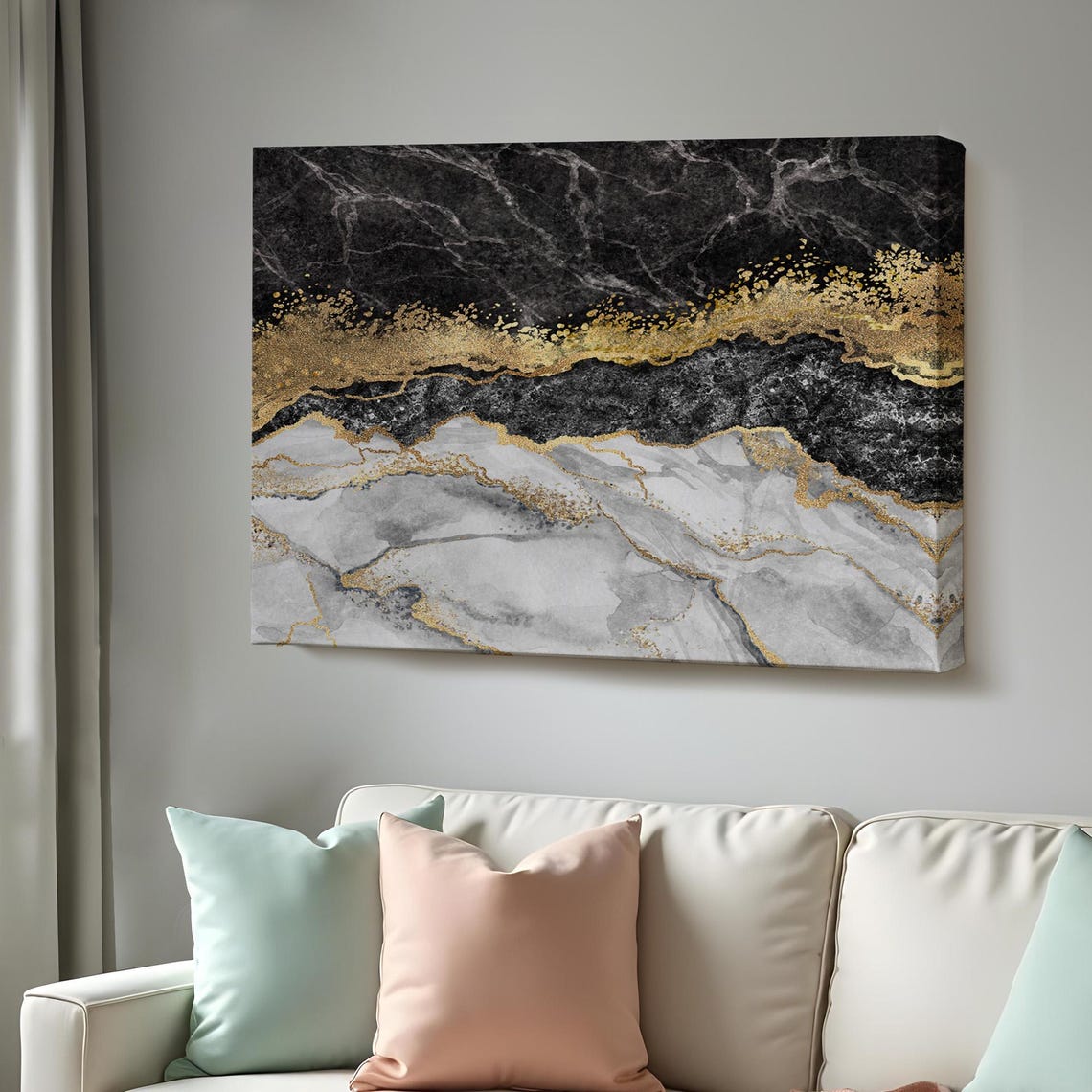 Black White Marble Gold Glitter Layers Abstract Modern Art Poster