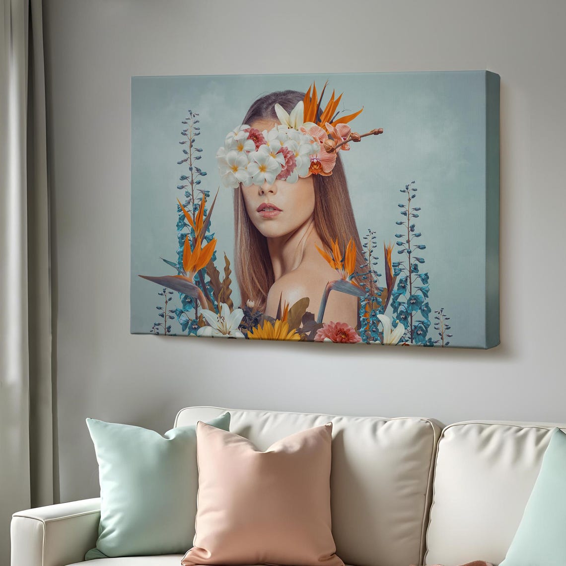 Surreal Floral Blindfold Woman Portrait Botanical Art Poster