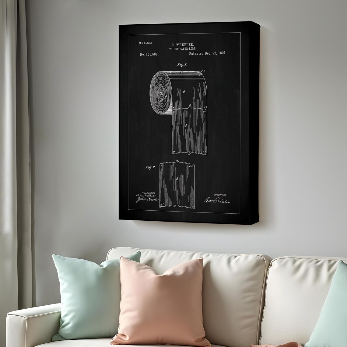 Vintage Toilet Paper Roll Patent Blueprint 1891 Funny Bathroom Poster