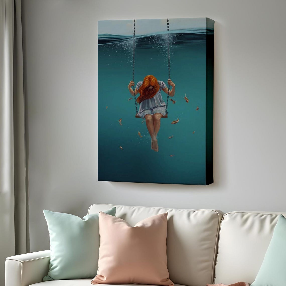 Girl Swinging Underwater Beneath The Waves Surreal Ocean Dream Print