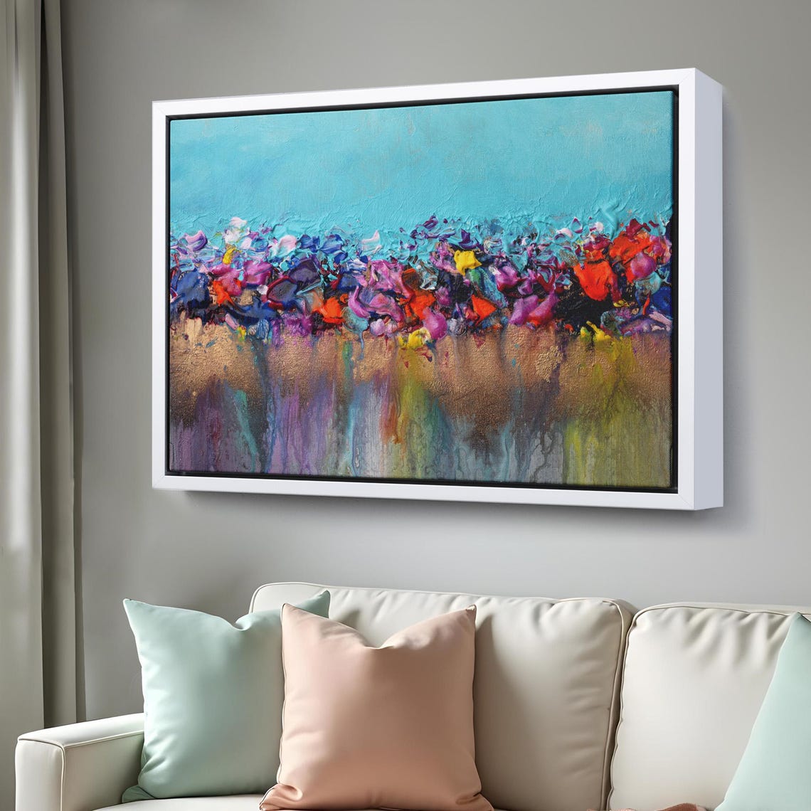 Vibrant Abstract Acrylic Flowing Colors Turquoise Gold Art Poster - Image 3