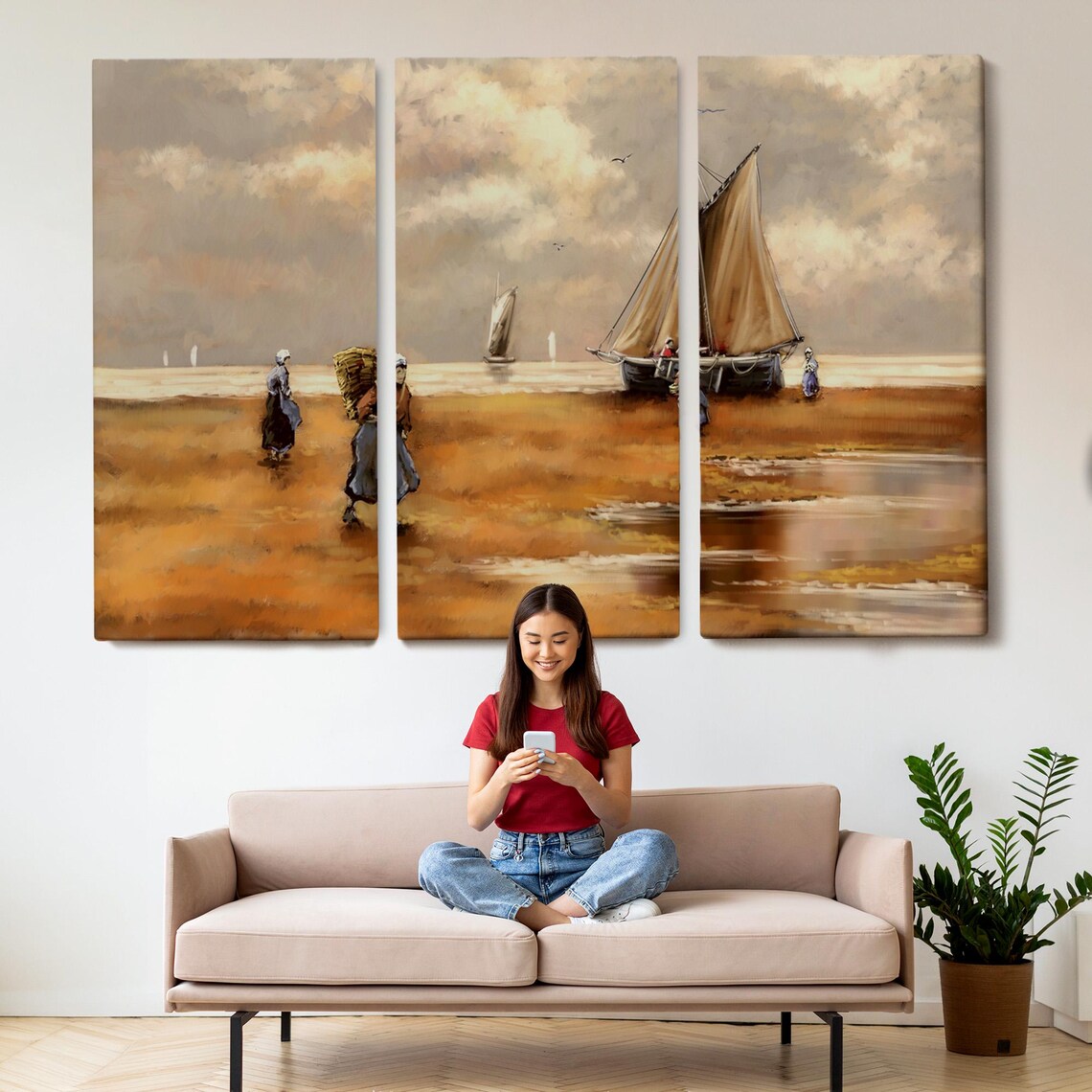 Fishermen Beach Sailboat Classic Seascape Golden Sand Painting Poster - Image 2