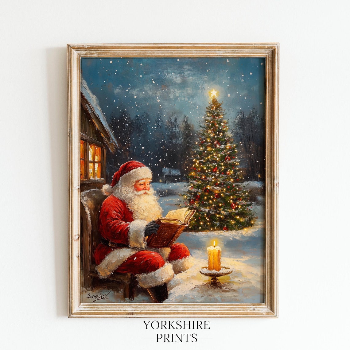 Santa Reading Book Under Starry Sky By Christmas Tree Night Poster