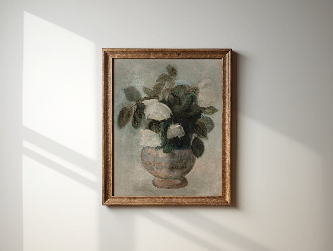 Neutral Still Life Roses Painting Vintage Flower Still Life Painting French Cottage Neutral Farmhouse Decor Art - Image 2