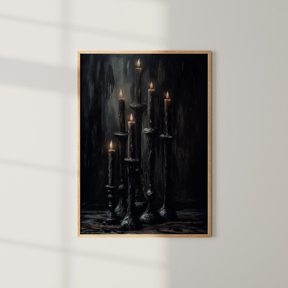 Tall Black Candlesticks Moody Gothic Candlelight Vintage Halloween Print