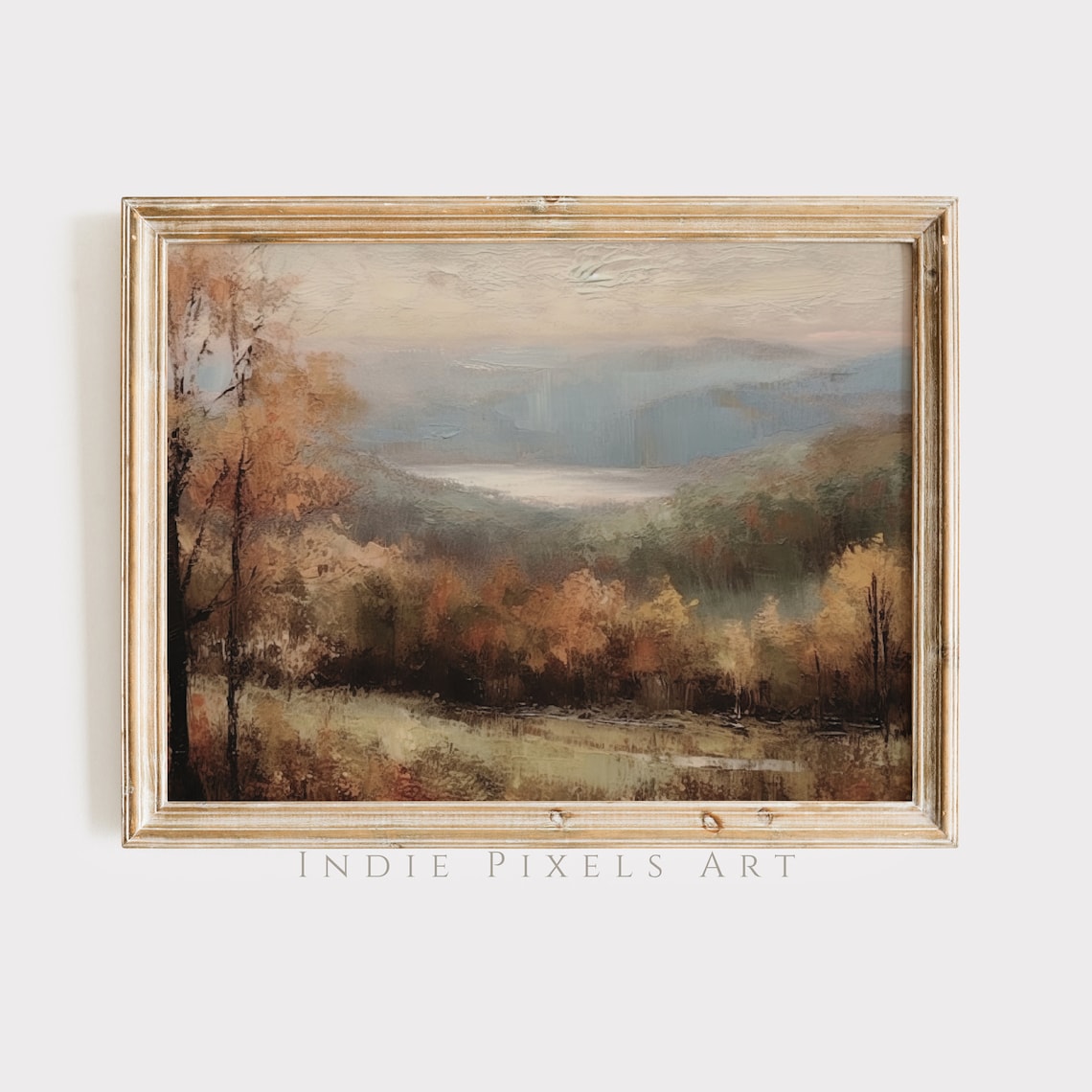 Soft Autumn Valley Lake Misty Hills Vintage Fall Landscape Painting Print