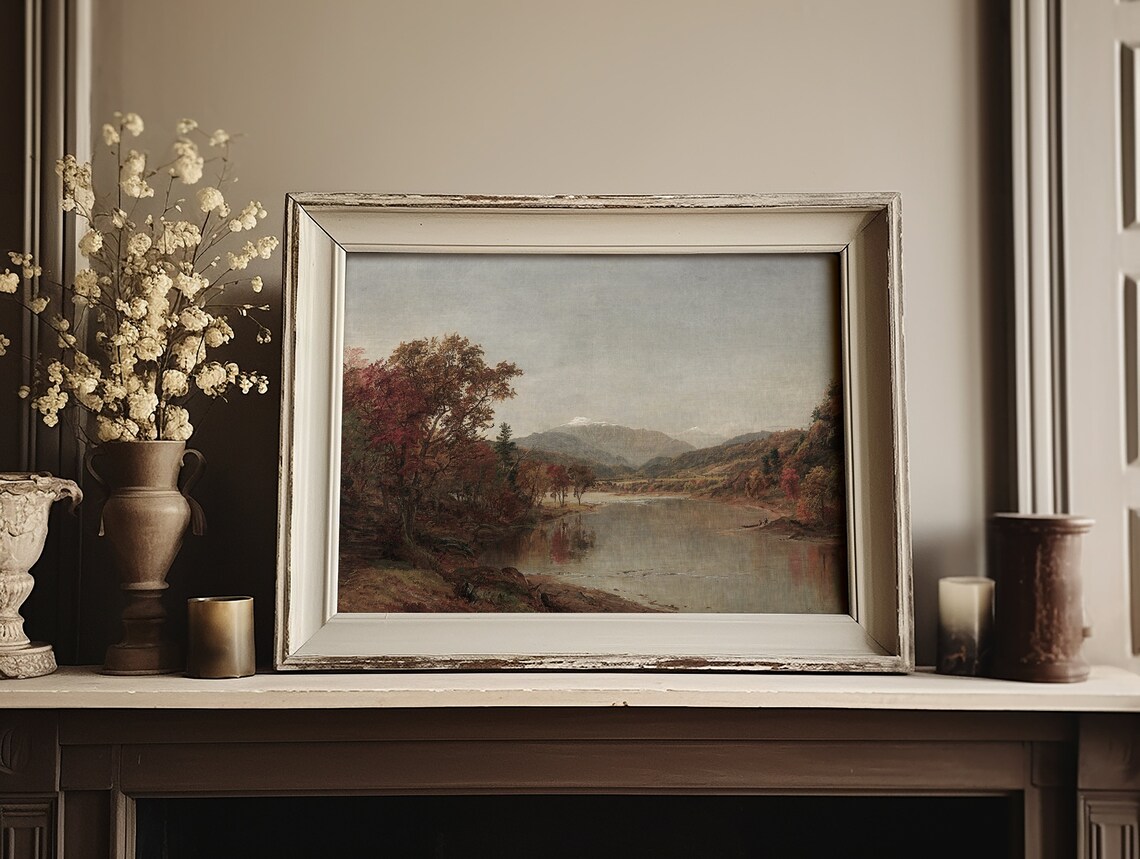 Moody Autumn Lake Mountain Reflection Vintage Fall Landscape Painting Print - Image 3