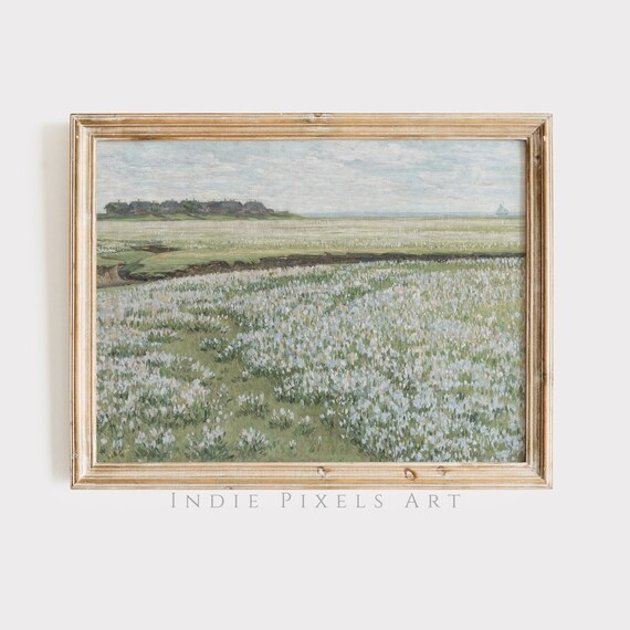 Salt Marsh Meadow in White Bloom Vintage Coastal Landscape Print