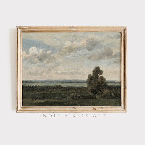 Moody Vintage Plains Landscape with Lone Tree Cloudy Sky Wall Art
