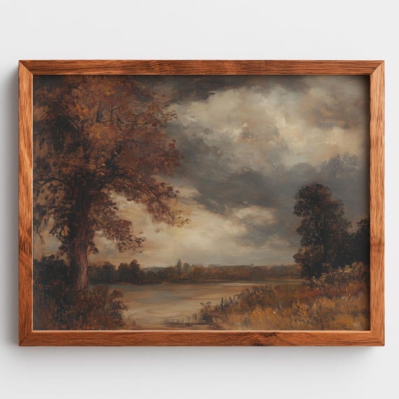 Autumn Riverbank Landscape Painting Vintage Farmhouse Decor