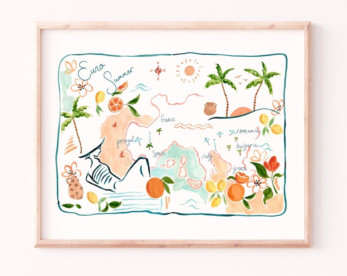 Euro Summer Map Art Print, Abstract Gouache Painting
