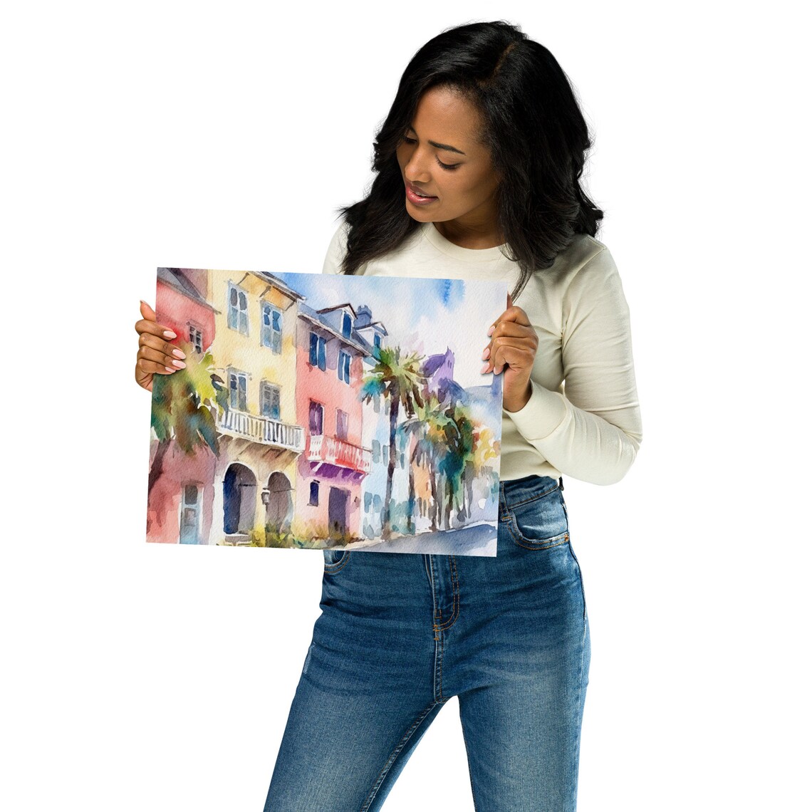 Rainbow Row Charleston Cityscape, Watercolor Art Print - Image 2